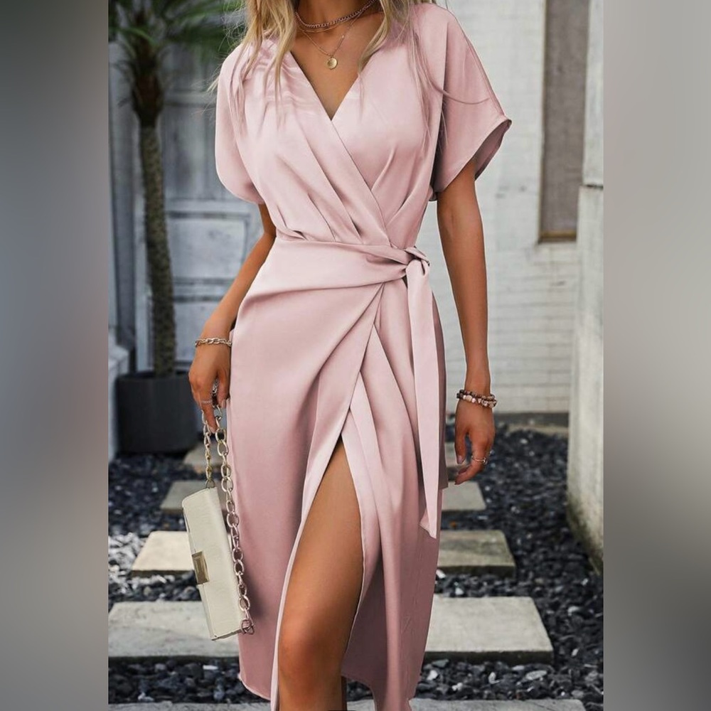 Batwing Sleeve Knot Side Wrap Satin Dress